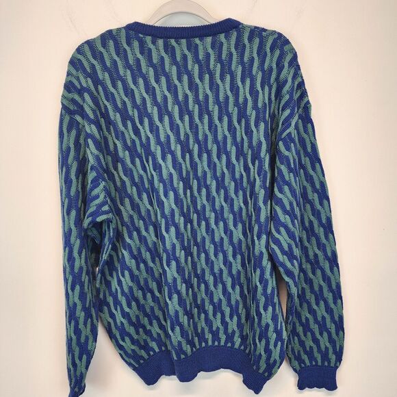 Vintage Embassy Row Geo Knit Sweater Size XL Merino Wool Blue Green Retro 80s - Picture 3 of 14
